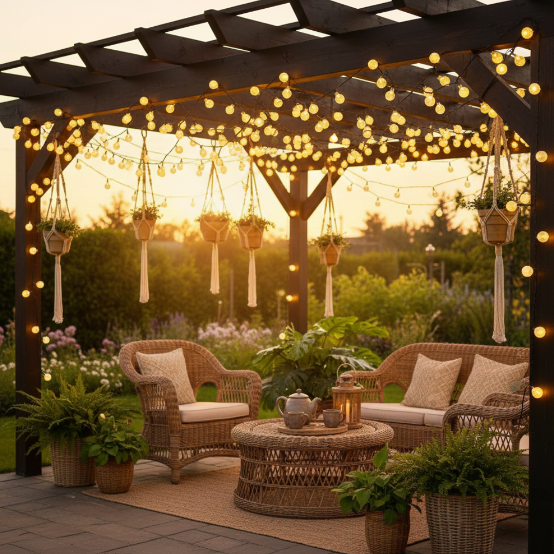 guirlande lumineuse solaire extérieure sur une pergola