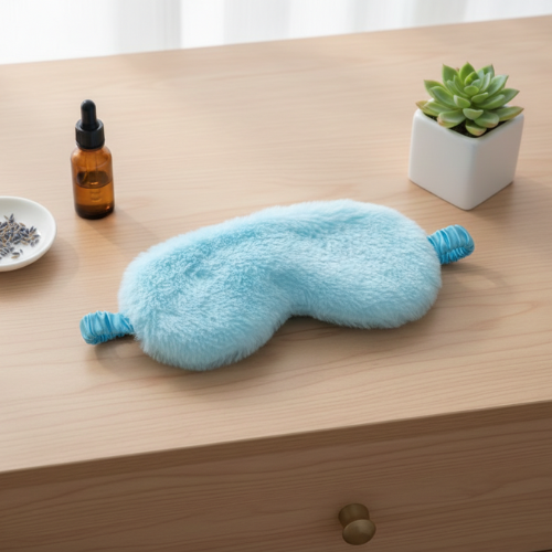  masque yeux nuit en peluche bleu sur une commode