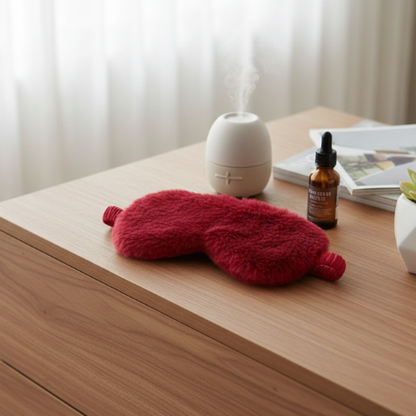  masque yeux nuit en peluche rouge sur une commode