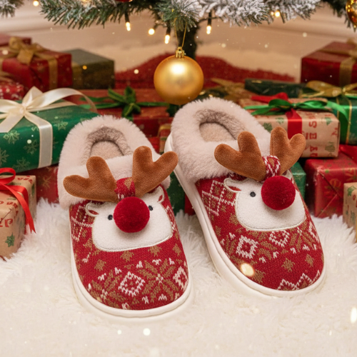 pantoufle noel reine au nez rouge couleur rouge