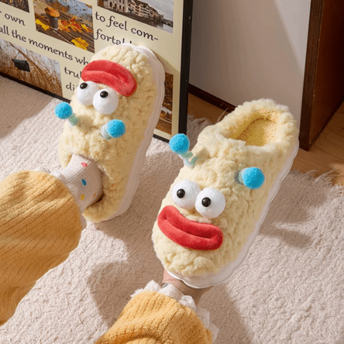 pantoufles femme funny face jaune en fausse fourrure