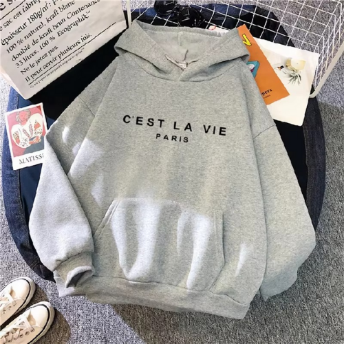 sweat à capuche c'est la vie gris